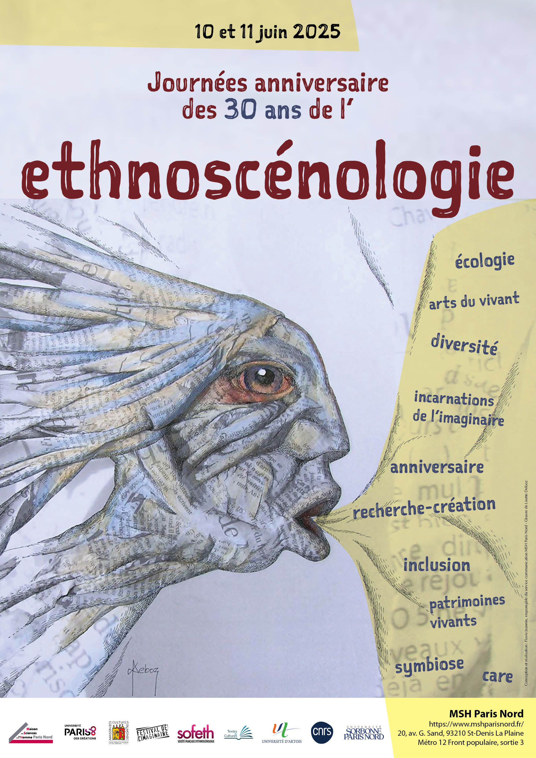 Affiche des Journées anniversaire des 30 ans de l'ethnoscénologie les 10 et 11 juin 2025