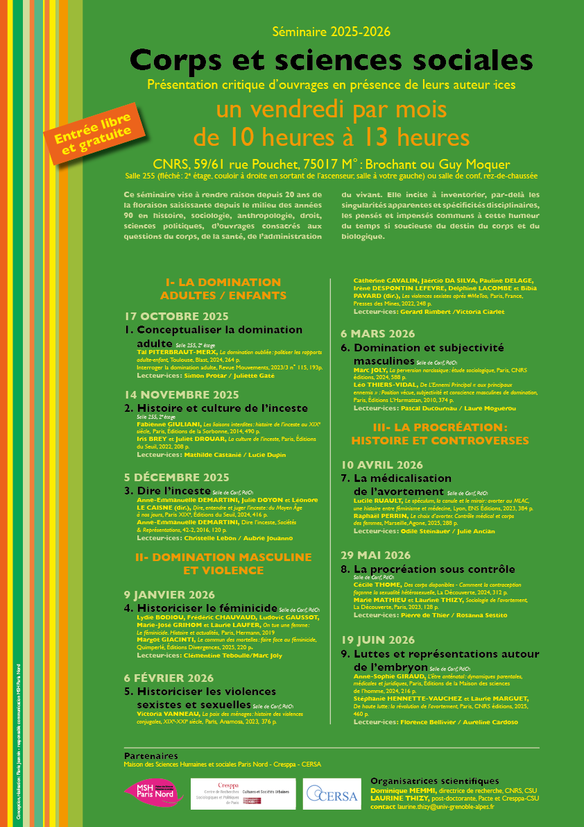 Affiche du cycle de séminaires "Corps et sciences sociales" pour l'année universitaire 2025-2026