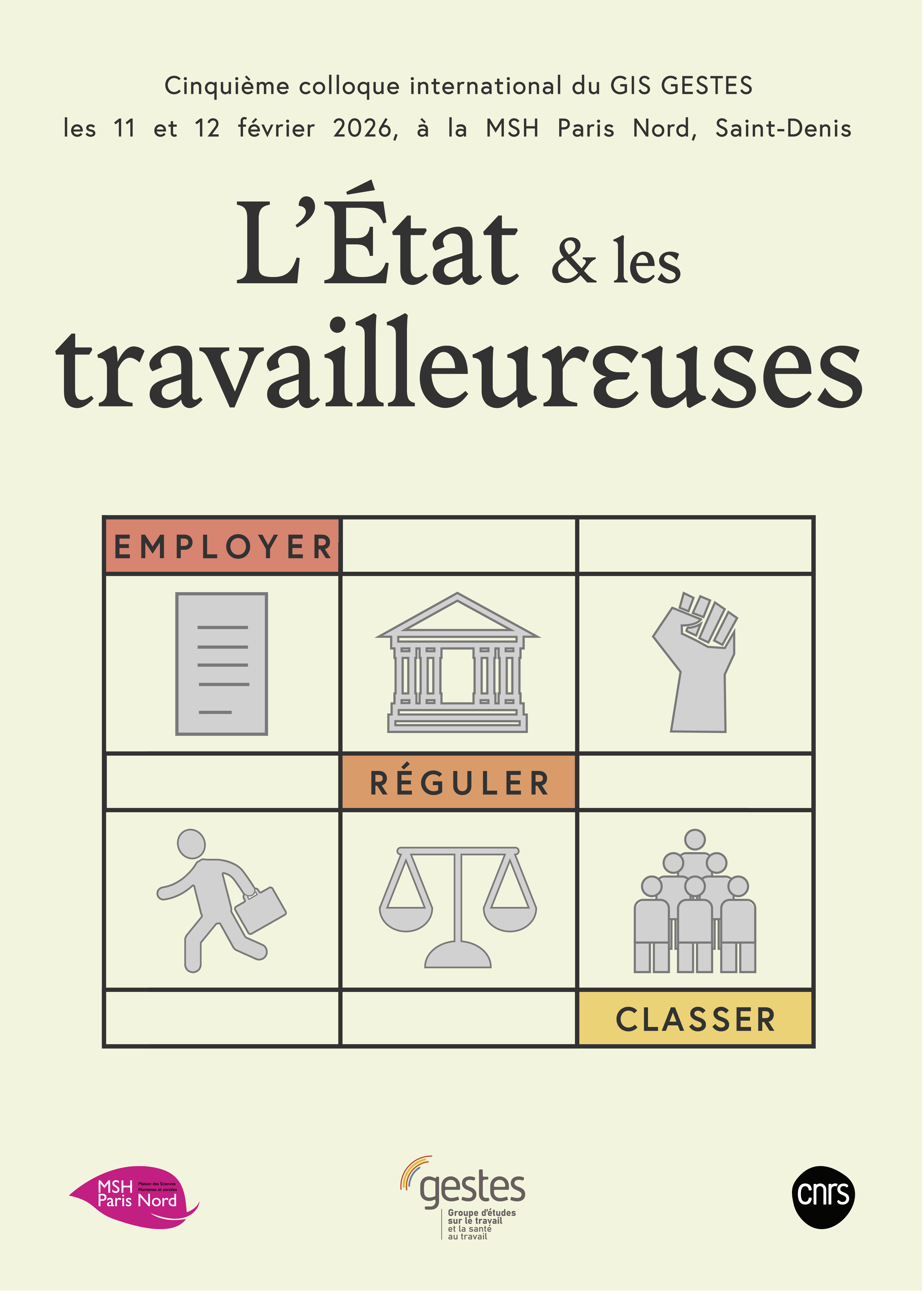 Affiche du colloque "L'État & les travailleur·euses", organisé par le GIS Gestes les 11 et 12 février 2026