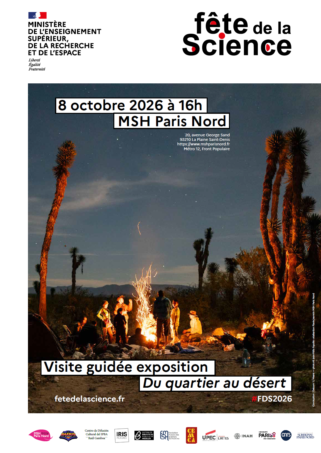Affiche de la visite guidée de l'exposition "Du quartier au désert", organisée à la MSH Paris Nord le 8 octobre 2026 pour la Fëte de la Science