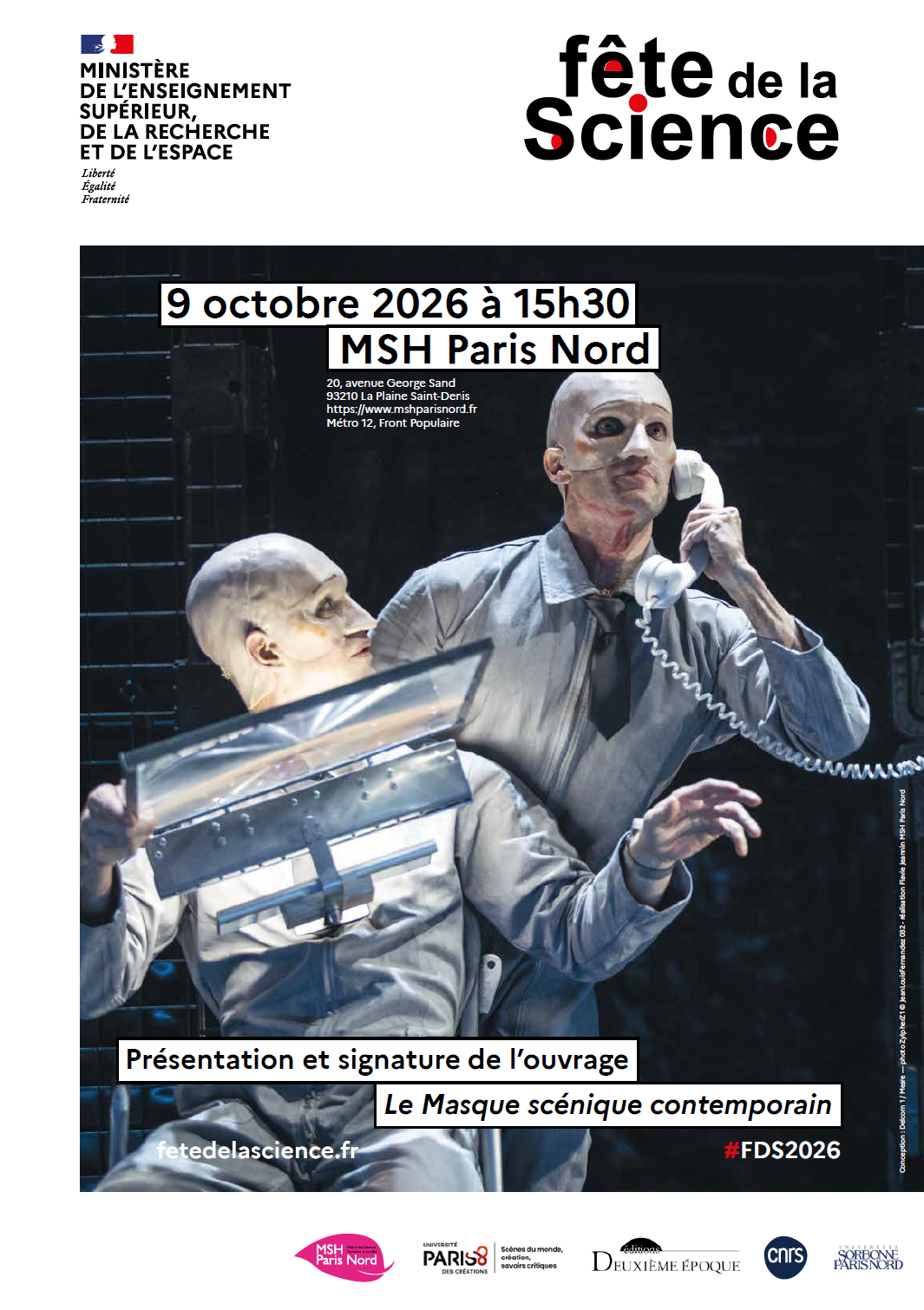 Affiche de la présentation et signature de l'ouvrage "Le masque scénique contemporain", organisée à la MSH Paris Nord le 9 octobre 2026